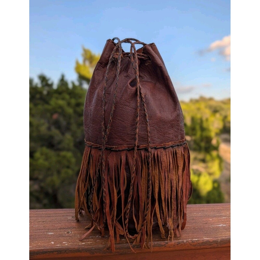 Antique Western Brown Leather Fringe Drawstring Bucket Bag Braided Rope Medium